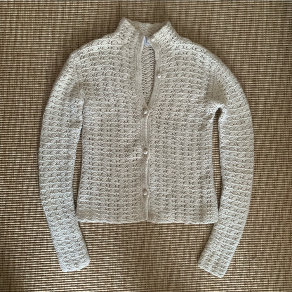 TSE Cashmere Mock Turtleneck Button Knit Cardigan Sweater Tan Cream